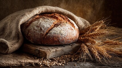Freshly baked rustic artisan bread loaf, wheat, and burlap