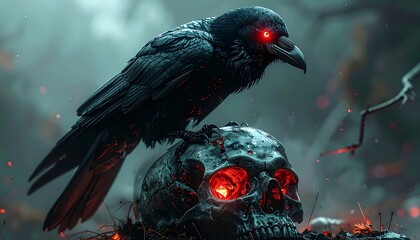 A dark raven sits atop a skull with glowing red eyes in a misty, spooky forest setting