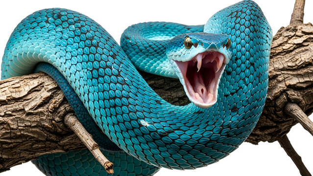 Blue viper snake coiled on a tree branch with its mouth wide open showing sharp fangs, displaying detailed scales and a striking aggressive expression.