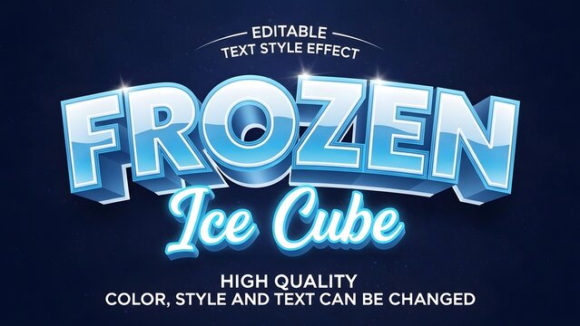 Editable 3d text style effect for frozen ice cube design with blue glow and shiny surface on dark background for winter holiday promotion