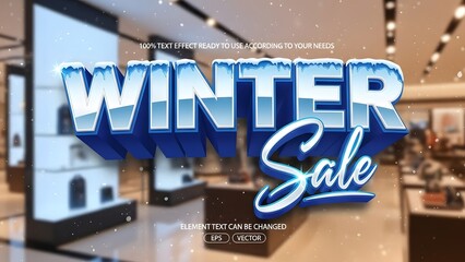 Dynamic 3d text effect for winter sale promotion banner with falling snow inside a modern retail store environment