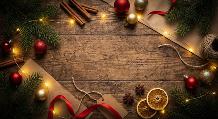 Top-view Christmas wooden table background decorated with cinnamon sticks, fir branches, dried orange slices, and warm string lights.