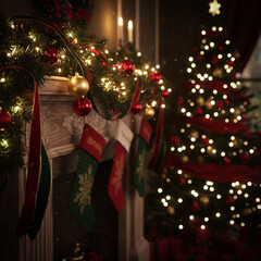 Cozy Christmas interior with decorated fireplace, stockings, warm candles, and a glowing Christmas tree. Soft bokeh lights create a warm festive holiday atmosphere.