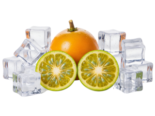 Lulo fruits with ice cube, white background isolated