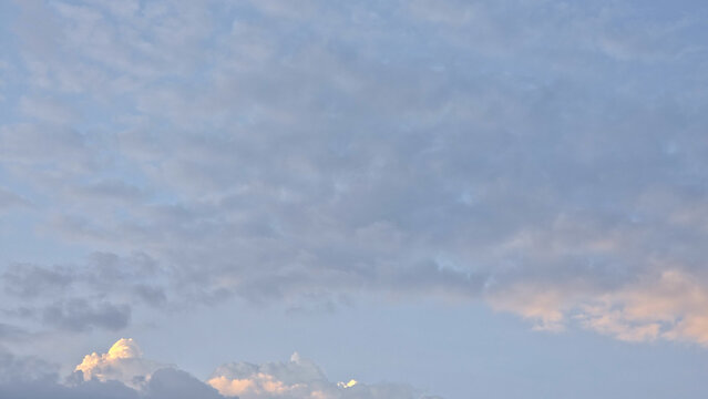 A serene blue sky filled with white and wispy clouds, with just the tops of dark green tree foliage visible at the bottom. background style. - Powered by Adobe