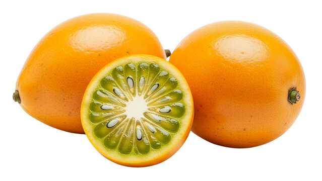 Two whole lulo fruits and slices, white background isolated