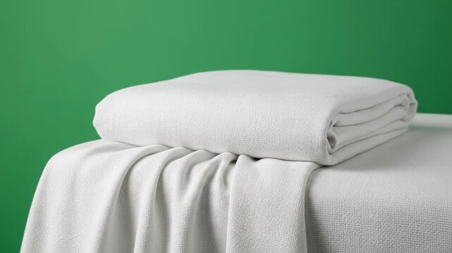 White folded blanket on a white surface against a green background.