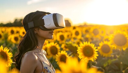 Woman wearing virtual reality headset in a vibrant sunflower field