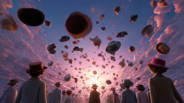 A captivating scene of hats gracefully soaring into a vibrant sky, surrounded by a crowd, showcasing the beauty of whimsy and collective wonder at a stunning sunset.