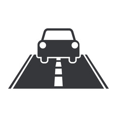 Isolated road pictogram featuring lane markings and a car, symbolizing transportation, highway navigation, traffic routes, driving guidance, urban mobility signage icon.