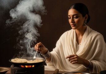 Indian woman cooking roti on a traditional mud stove (chulha) with smoke rising, showcasing authentic village cuisine.