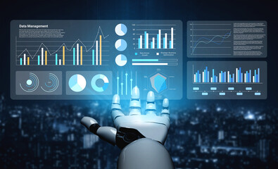 A robotic hand interacts with digital graphs and data visualizations in a futuristic setting, highlighting the integration of technology in data management and analysis. Gantry