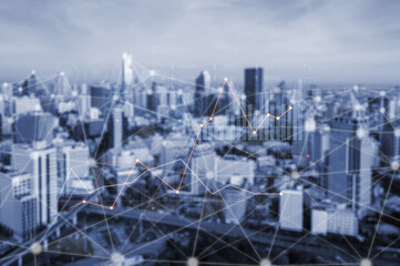 A stylized city skyline with data visualization elements symbolizes the integration of technology and analytics in urban development and business growth. Scalp