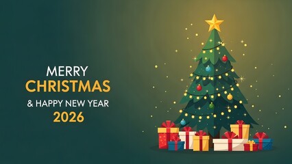 Merry Christmas card featuring a decorated festive tree with gifts and a gold star for a winter holiday celebration