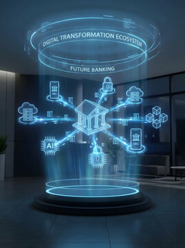 Futuristic digital banking hologram ecosystem with blue neon interface