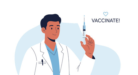 Doctor holding syringe promoting vaccination encourages health safety and prevention