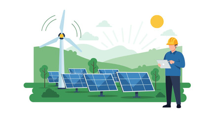 Engineer Inspecting Wind Turbine and Solar Panels in Green Energy Illustration Scenery