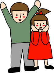 Couple Illustration – Brown Hair Man in Green Shirt and Gray Pants, Woman in Red Dress with Ribbon, Full Body Drawing