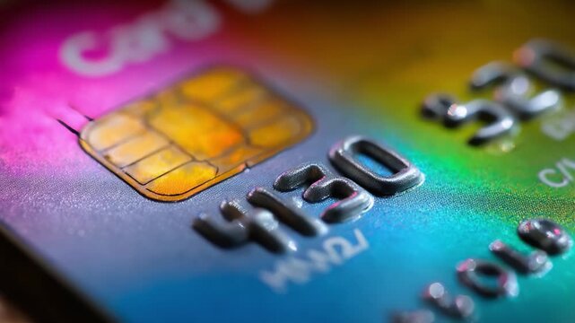 Close-up Visual of a Colorful Credit Card Featuring a Microchip and Number Sequence, Emphasizing the Intricate Design Elements and Textures of Modern Payment Methods.