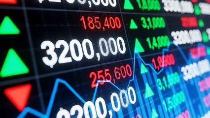 Digital stock market trading board with glowing numbers and upward trending graphs, representing financial data analysis and investment growth