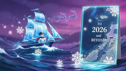 Christmas card featuring a snowman captain sailing his ship across the ocean, sending New Year wishes for 2026