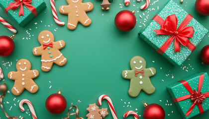 Obraz premium Gingerbread cookies, candy canes, ornaments, and gifts arranged on green—evoking holiday sweetness, tradition, and festive joy.