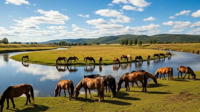 Grazing horses by serene riverbend on a sunny day with lush green landscape and blue sky