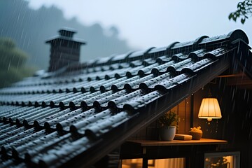  the roof of the old house with raining