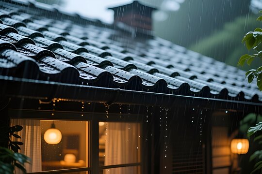  the roof of the old house with raining