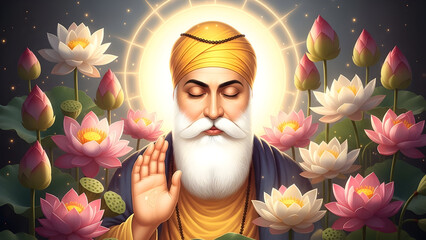 A Serene and Luminous Portrait of Guru Nanak Surrounded by Vibrant Radiant Lotus Blossoms Emitting Warmth Tranquility and Spiritual Calmness in a Divine Peaceful Aura