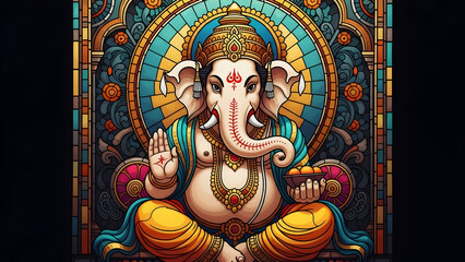 Obraz premium Vibrant and Ornate Depiction of Lord Ganesha Rendered in a Stained Glass Mosaic Style, Featuring Radiant Colors, Intricate Patterns, Divine Symbolism, and Artistic Spiritual Elegance