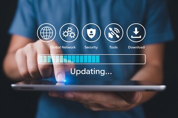 Person updating software on a tablet with progress bar