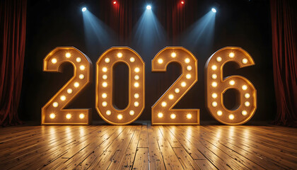 Bright marquee-style “2026” numbers glow on a wooden stage under dramatic lighting—evoking theatrical flair, celebration, and milestone anticipation.