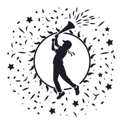 Confetti explosion silhouette around central circle 