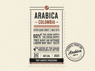 Stunning vintage style Arabica Colombia coffee label design with organic farm seal for premium branding needs