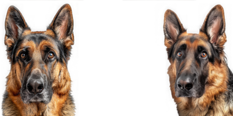 Two german shepherd dog heads close up isolated on transparent background