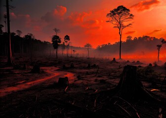 A haunting, atmospheric photograph illustrating the severe consequences of deforestation and illegal logging. The foreground is a barren, dry expanse littered with tree stumps and fallen logs, the rem
