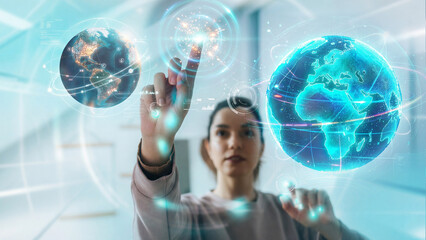 Woman Controlling 3D Holographic Globes and Global Data With Gesture Interaction