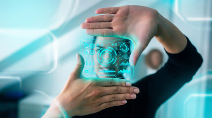 Young Woman Interacting with Futuristic Holographic Control Panel