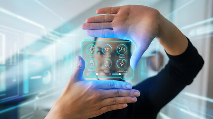 Woman Controlling Smart Home Settings Through Holographic Panel