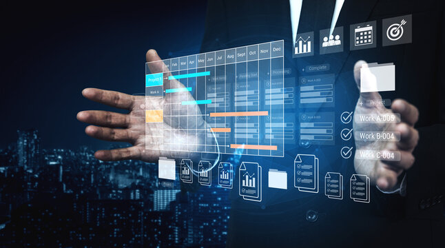 Digital visualization of multiple project timelines with progress tracking, documents, and team collaboration symbols Parse