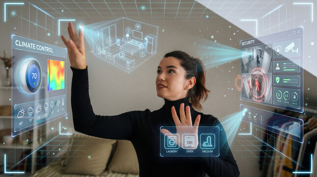 Young Woman Controlling Smart Home Systems Through Holographic Interfaces