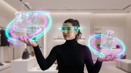 Woman Using AR Glasses to View Holographic Luxury Products