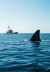 Fototapeta premium Wild bottlenose dolphins are swimming and jumping in the blue ocean water
