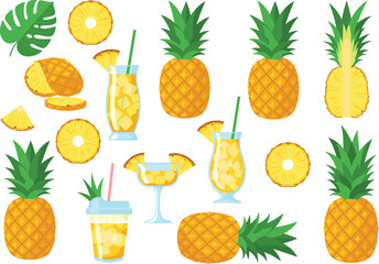 Tropical pineapples with sliced fruit and refreshing pineapple juice drinks in colorful vector illustration for summer food and beverage designs