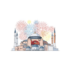 Fototapeta premium Hagia Sophia illuminated in warm tones with brilliant New Year fireworks lighting the night sky