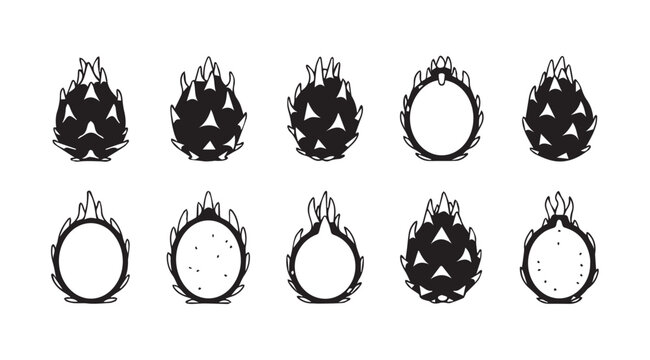 Ten ripe dragon fruits whole and halved isolated on vector