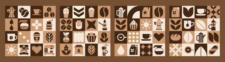 Set cafe pattern featuring  geometric coffee and tea bakery mosaic artwork.
