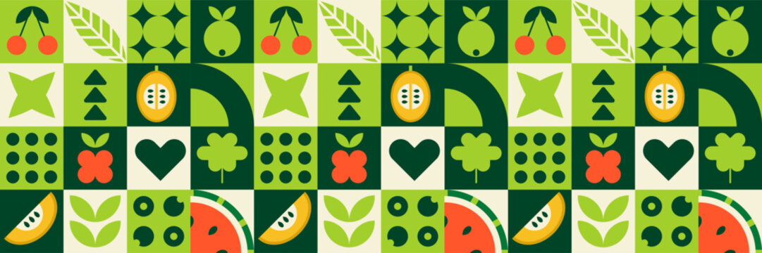 Geometric fruit mosaic pattern with abstract melon raspberry apple food watermelon cherry.