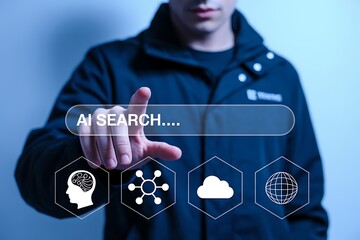 Man using artificial intelligence search interface technology